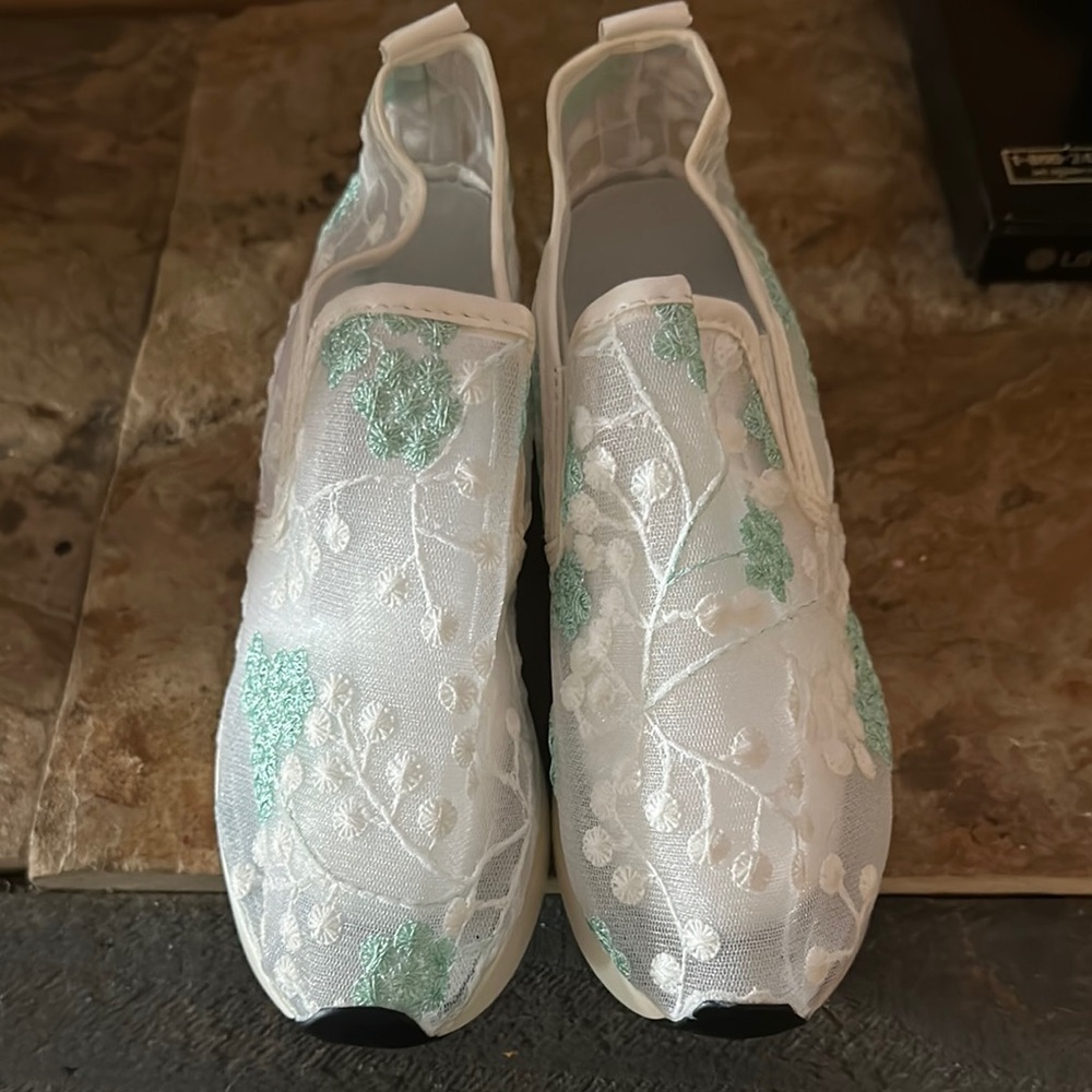 Elegant White and Green Women's Slip-On Shoes